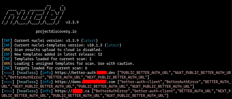 Nuclei scan detecting a vulnerable Better Auth application